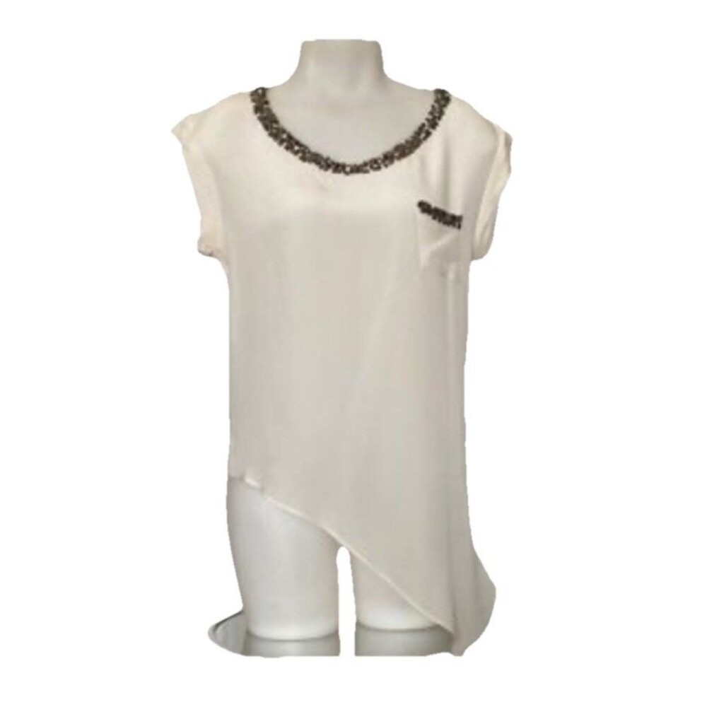 GREYLIN White Silk Top Sequin Accent Sleeveless Cap Sleeve Blouse Medium